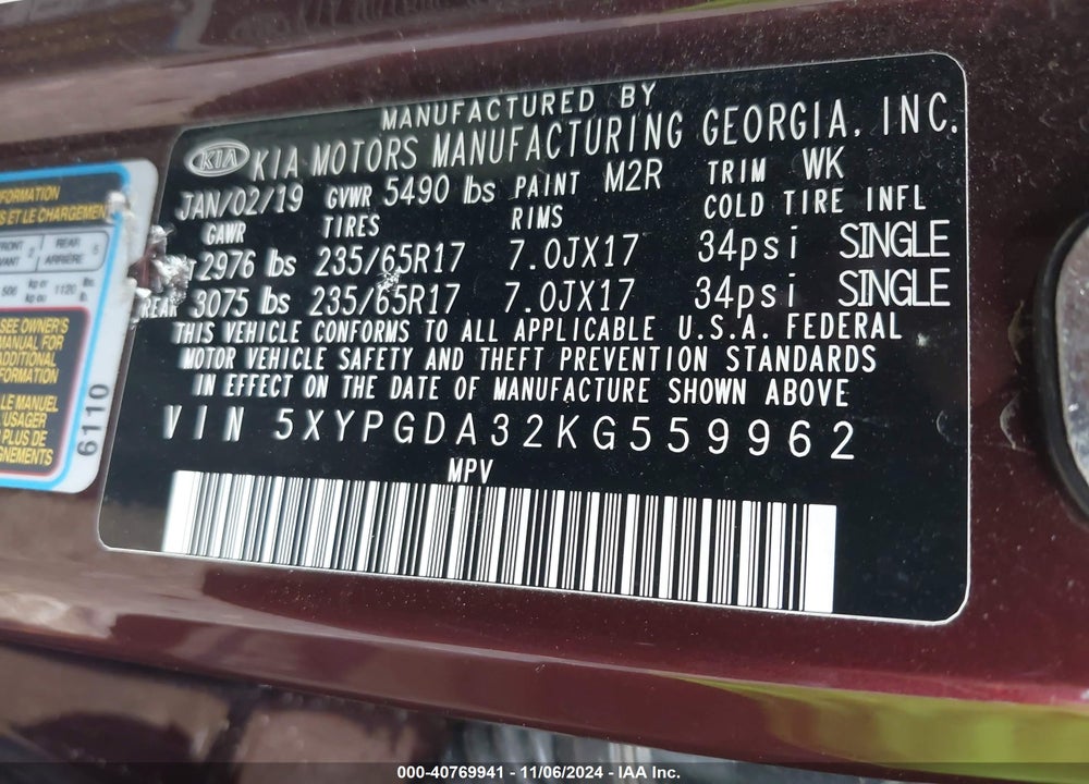 2019 KIA SORENTO 2.4L LX VIN: 5XYPGDA32KG559962