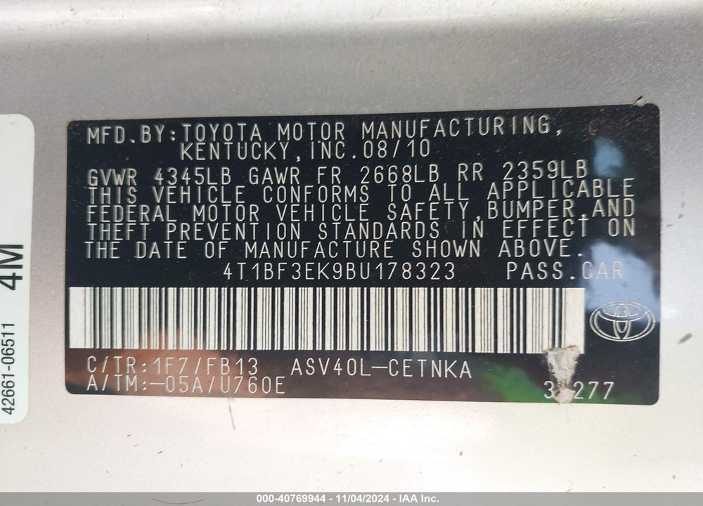 2011 TOYOTA CAMRY LE VIN: 4T1BF3EK9BU178323