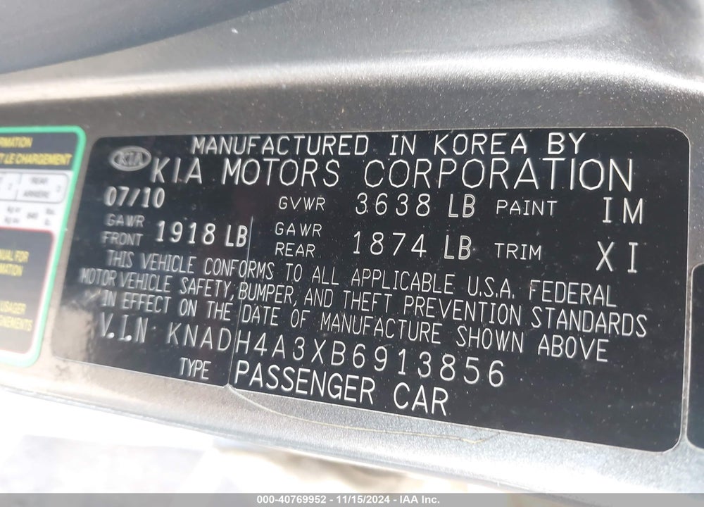 2011 KIA RIO LX VIN: KNADH4A3XB6913856