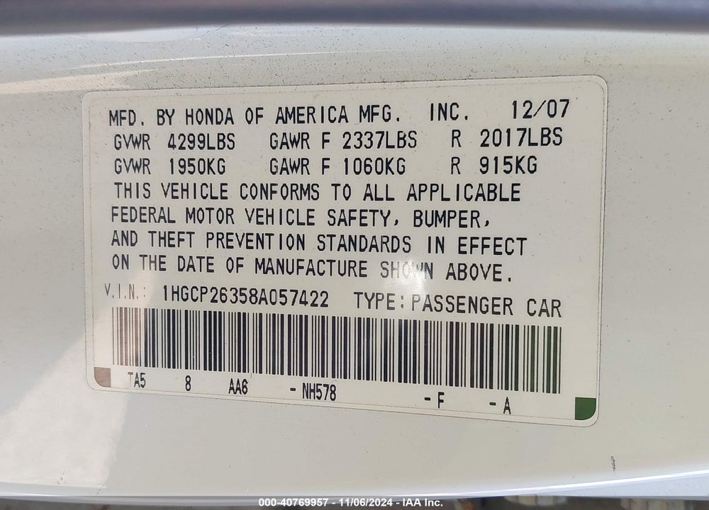 2008 HONDA ACCORD 2.4 LX VIN: 1HGCP26358A057422