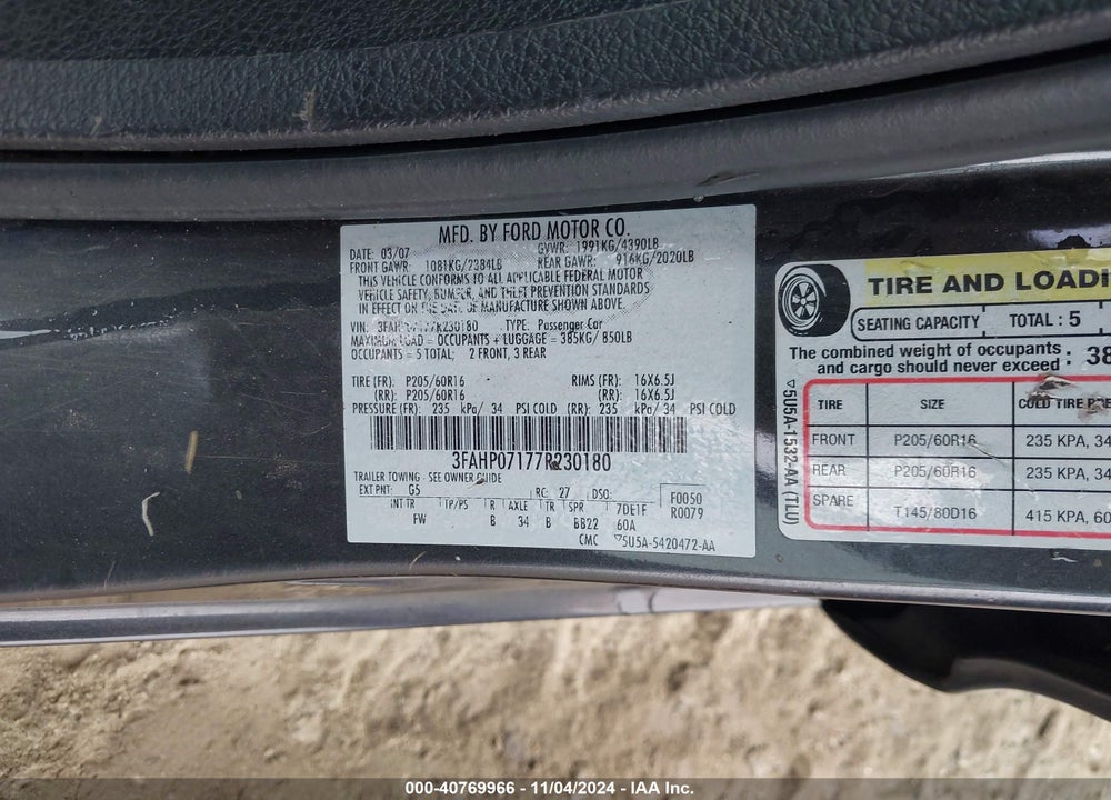2007 FORD FUSION SE VIN: 3FAHP07177R230180