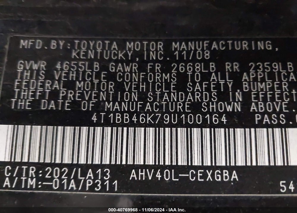 2009 TOYOTA CAMRY HYBRID VIN: 4T1BB46K79U100164