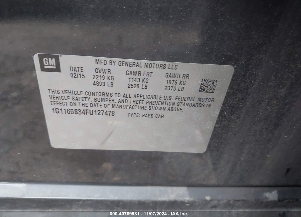 2015 CHEVROLET IMPALA 2LZ VIN: 1G1165S34FU127478