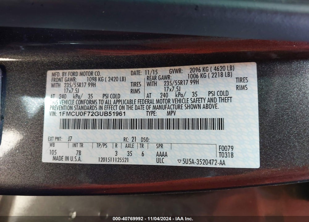 2016 FORD ESCAPE S VIN: 1FMCU0F72GUB51961