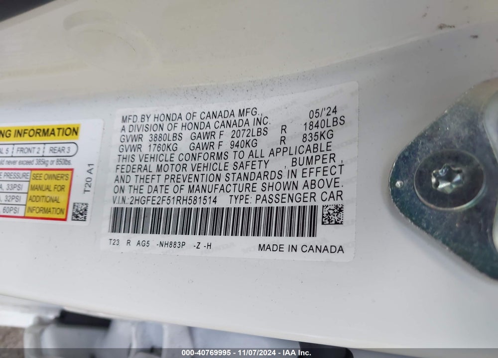 2024 HONDA CIVIC VIN: 2HGFE2F51RH581514