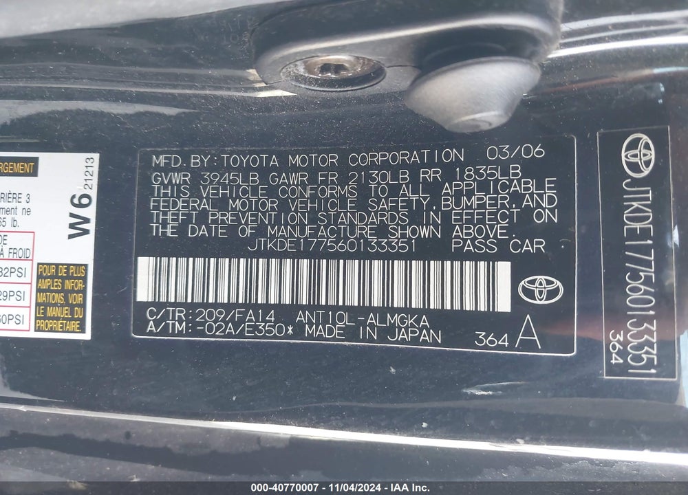 2006 SCION TC VIN: JTKDE177560133351