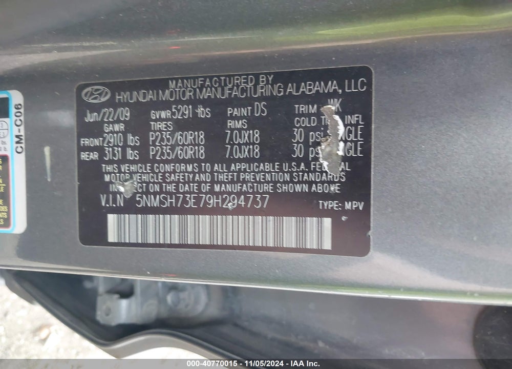 2009 HYUNDAI SANTA FE LIMITED VIN: 5NMSH73E79H294737