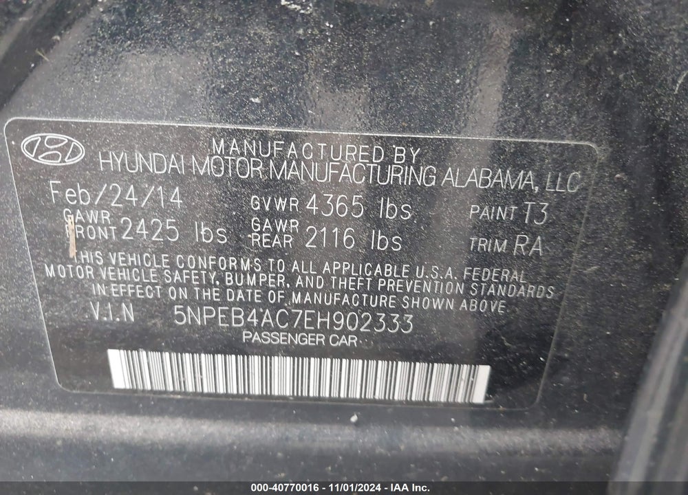 2014 HYUNDAI SONATA GLS VIN: 5NPEB4AC7EH902333