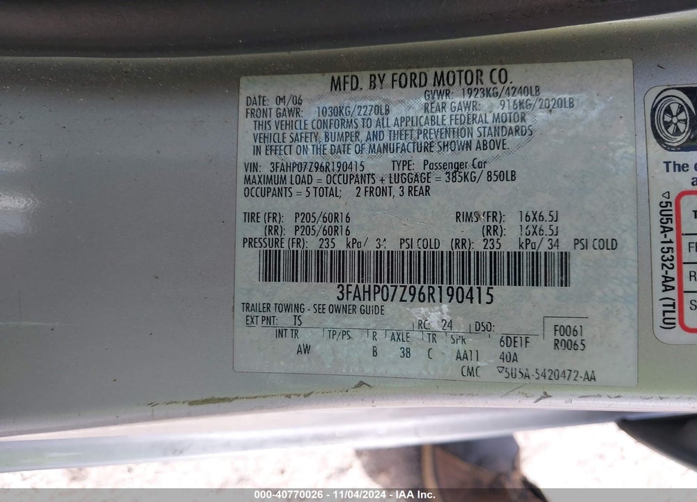 2006 FORD FUSION SE VIN: 3FAHP07Z96R190415