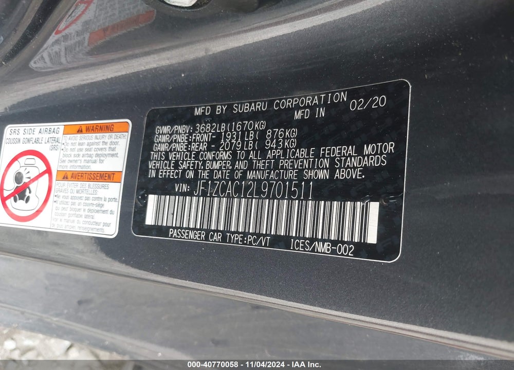 2020 SUBARU BRZ LIMITED VIN: JF1ZCAC12L9701511