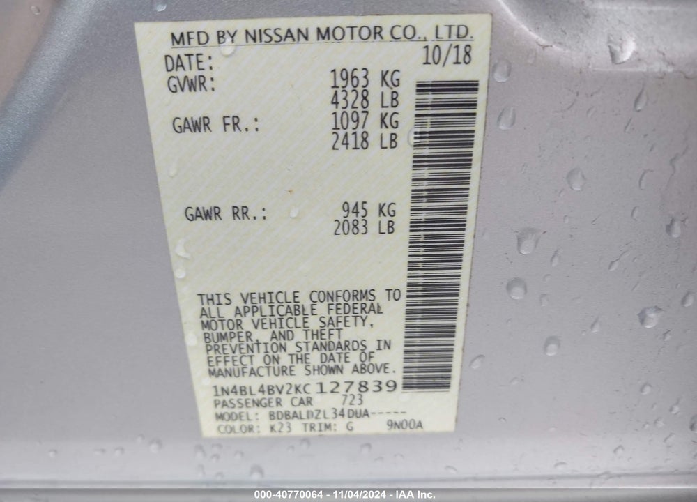 2019 NISSAN ALTIMA 2.5 S VIN: 1N4BL4BV2KC127839