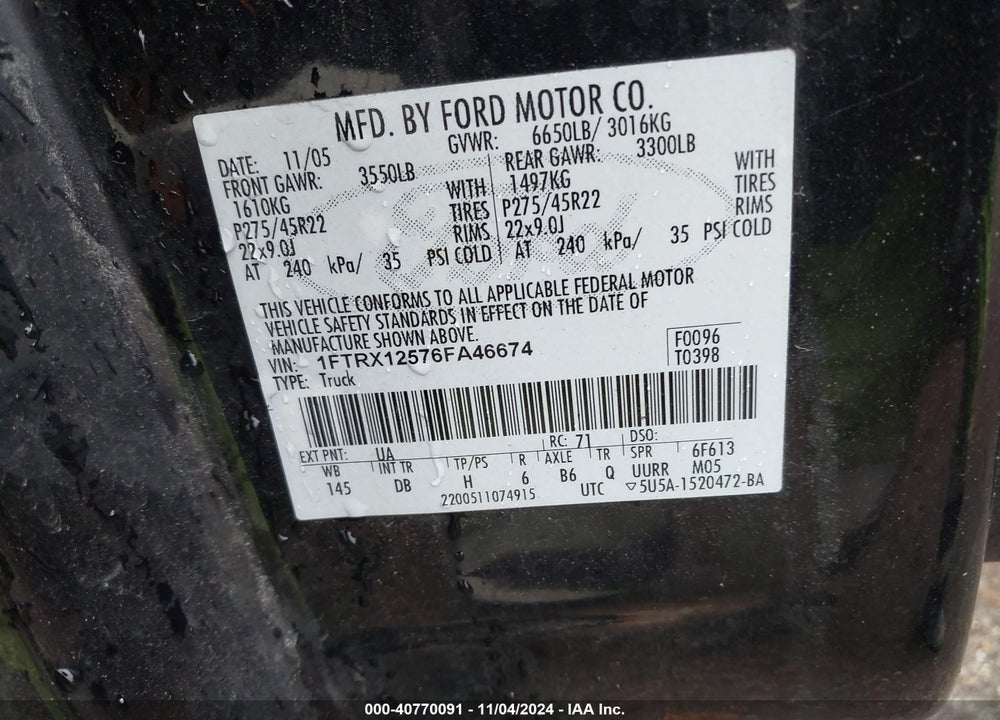 2006 FORD F-150 LARIAT/XL/XLT VIN: 1FTRX12576FA46674