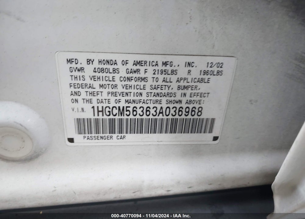 2003 HONDA ACCORD 2.4 LX VIN: 1HGCM56363A036968
