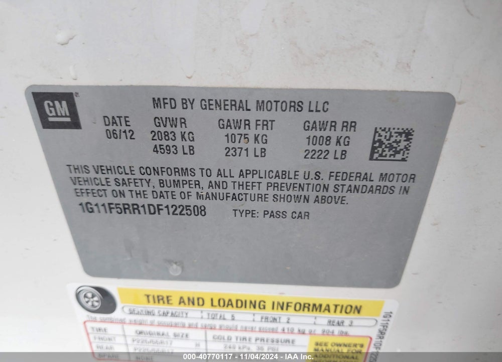 2013 CHEVROLET MALIBU VIN: 1G11F5RR1DF122508