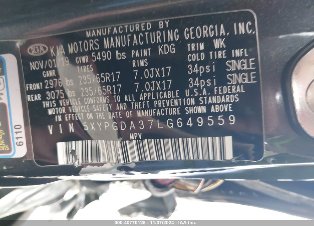 2020 KIA SORENTO 2.4L LX VIN: 5XYPGDA37LG649559