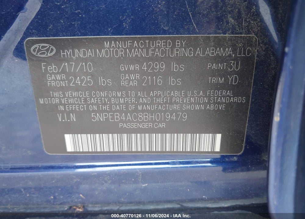 2011 HYUNDAI SONATA GLS VIN: 5NPEB4AC8BH019479