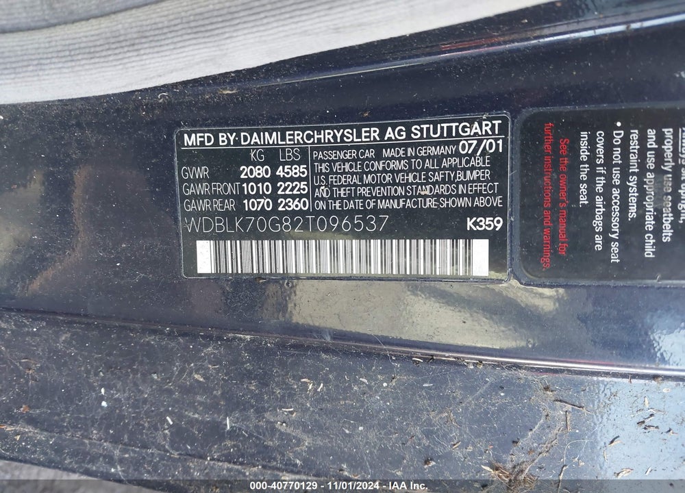 2002 MERCEDES-BENZ CLK-CLASS BASE A5 VIN: WDBLK70G82T096537