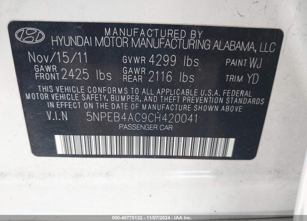 2012 HYUNDAI SONATA GLS VIN: 5NPEB4AC9CH420041