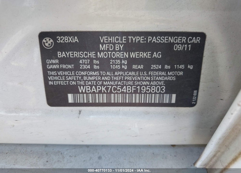 2011 BMW 328I XDRIVE VIN: WBAPK7C54BF195803