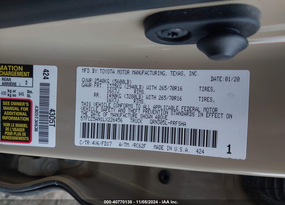 2020 TOYOTA TACOMA TRD OFF ROAD VIN: 5TFCZ5AN1LX226456