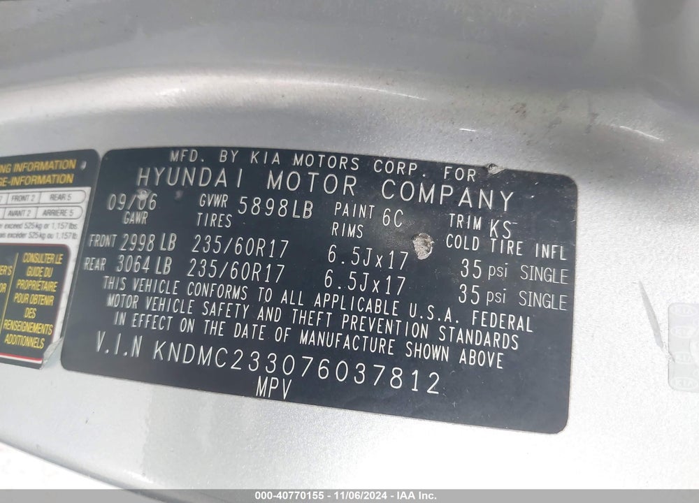 2007 HYUNDAI ENTOURAGE GLS/LIMITED/SE VIN: KNDMC233076037812