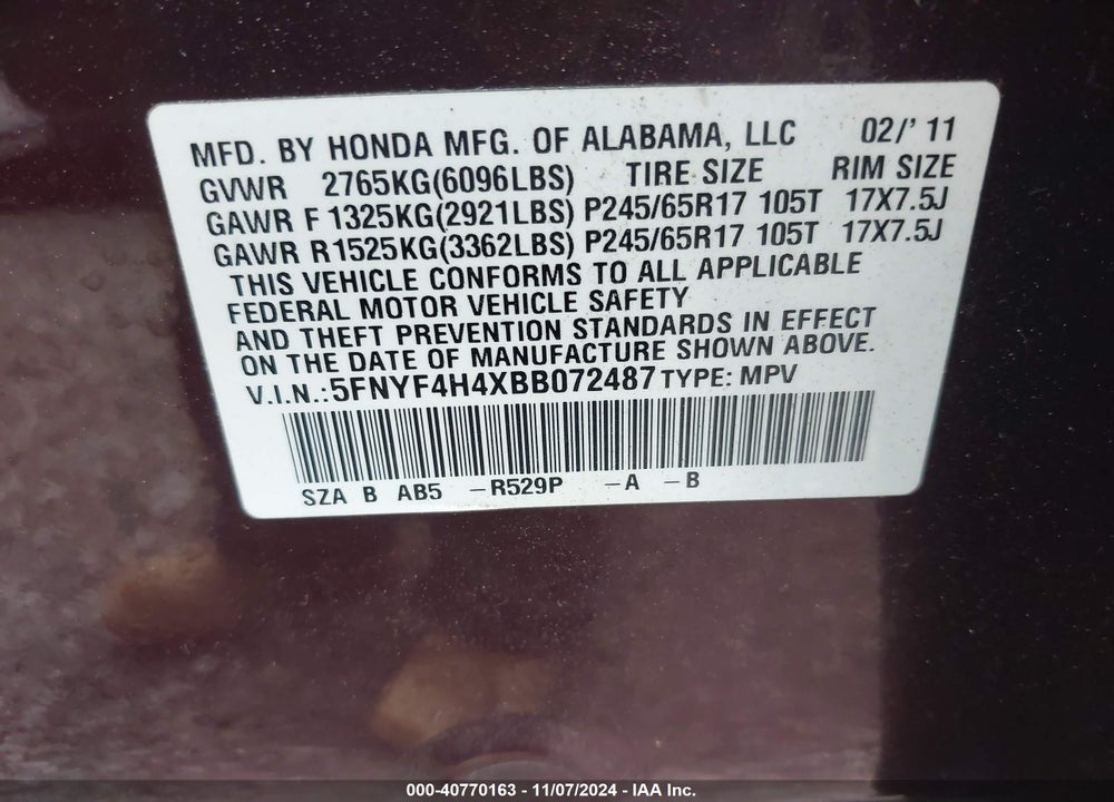 2011 HONDA PILOT EX VIN: 5FNYF4H4XBB072487