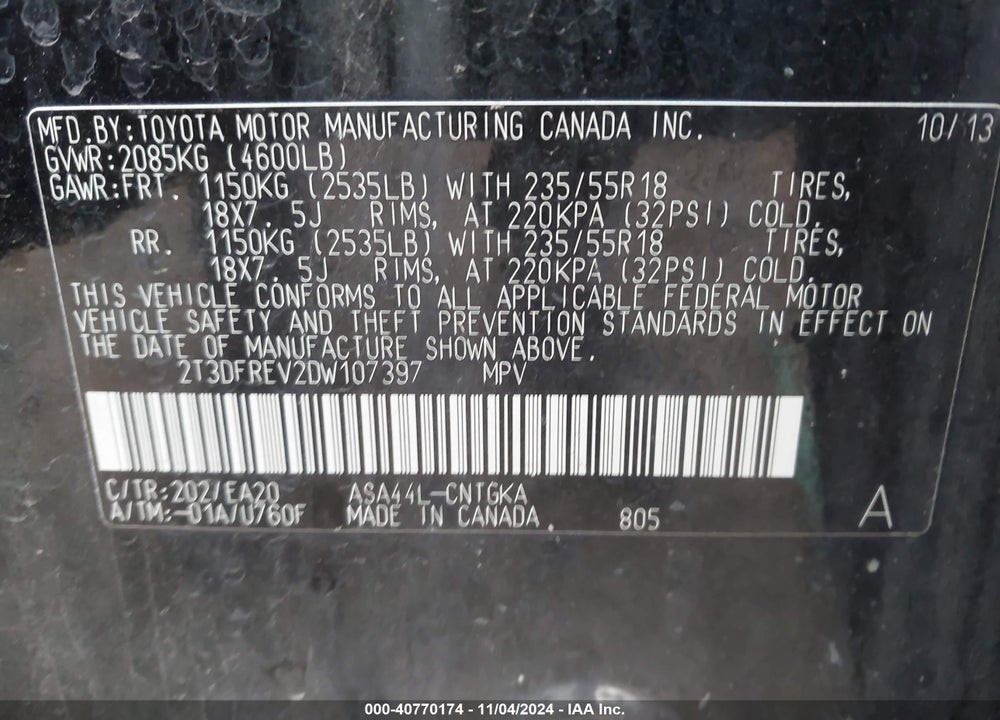 2013 TOYOTA RAV4 LIMITED VIN: 2T3DFREV2DW107397