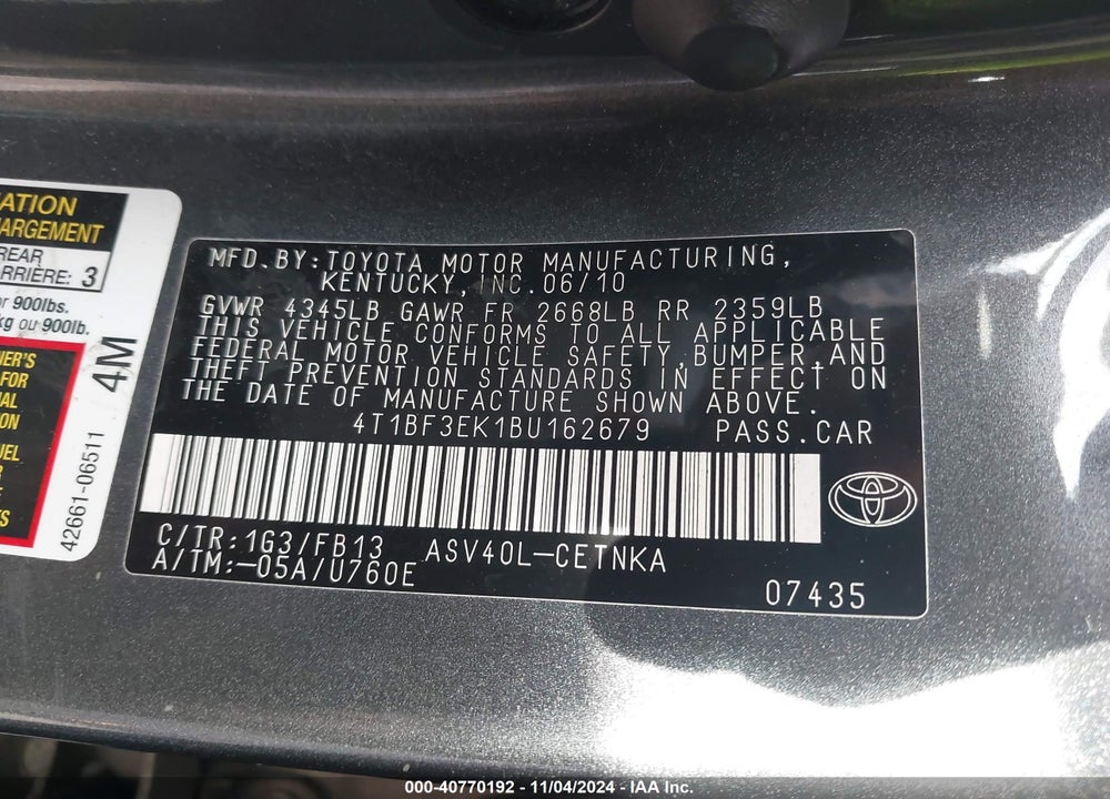 2011 TOYOTA CAMRY LE VIN: 4T1BF3EK1BU162679