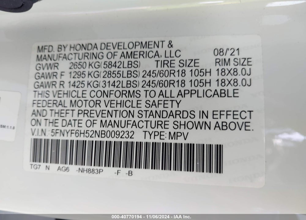 2022 HONDA PILOT EX-L VIN: 5FNYF6H52NB009232