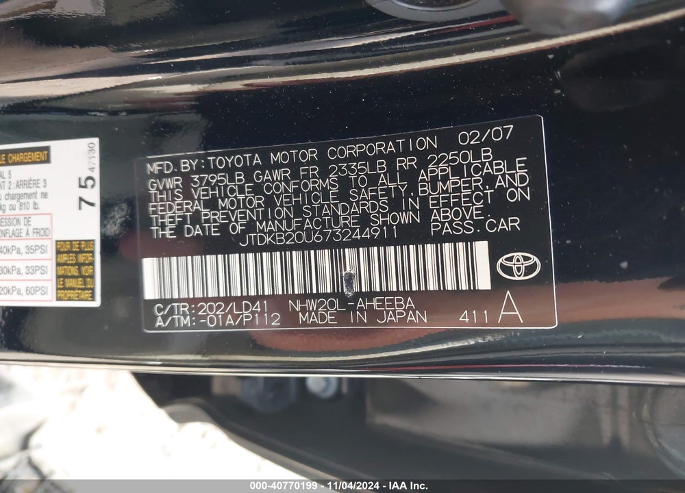 2007 TOYOTA PRIUS VIN: JTDKB20U673244911