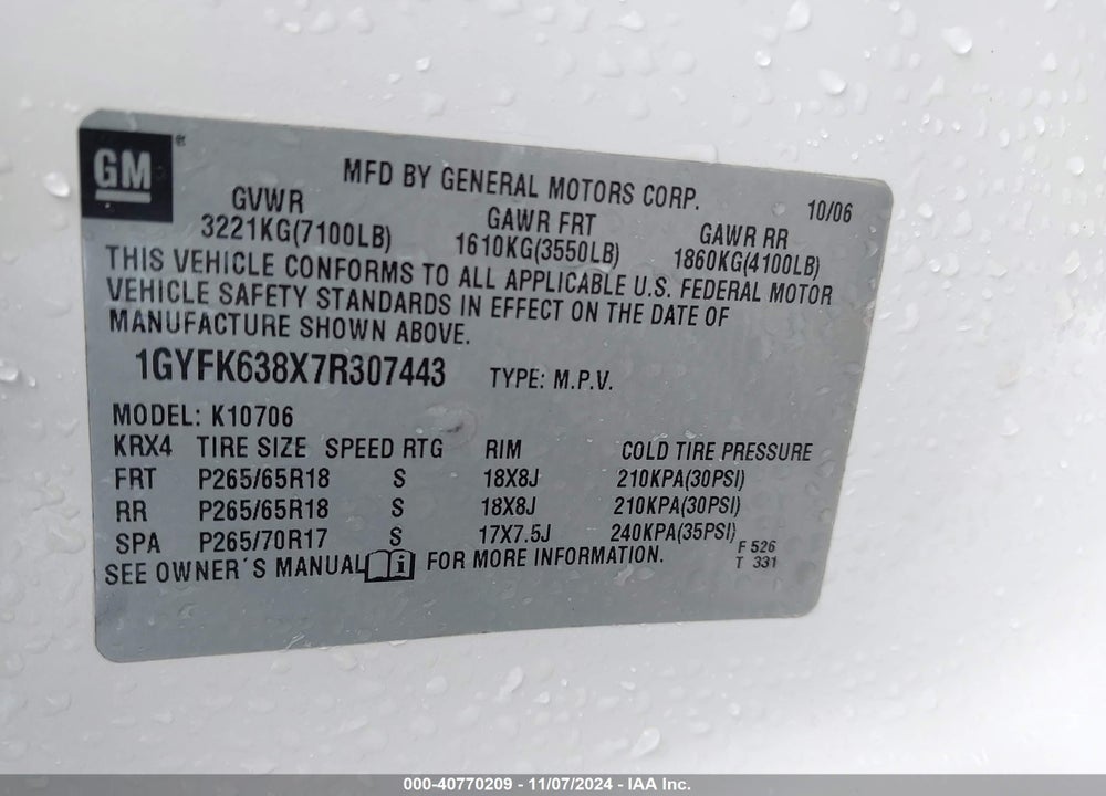2007 CADILLAC ESCALADE STANDARD VIN: 1GYFK638X7R307443