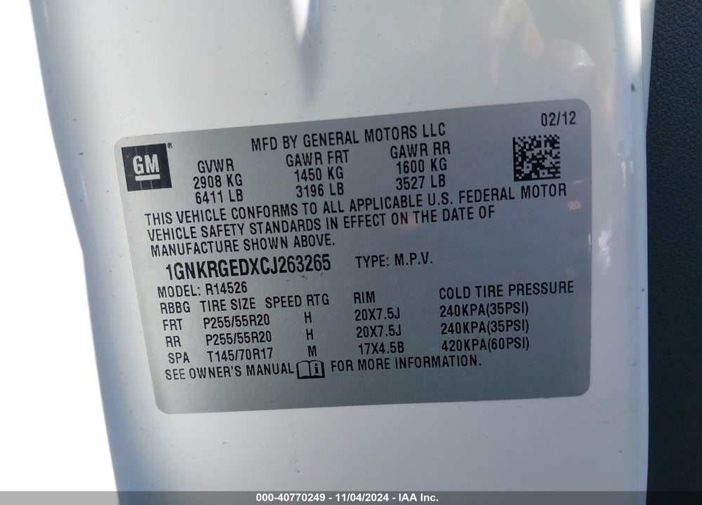 2012 CHEVROLET TRAVERSE 1LT VIN: 1GNKRGEDXCJ263265