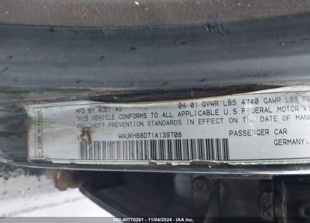 2001 AUDI A4 2.8 AVANT VIN: WAUKH68D71A139708