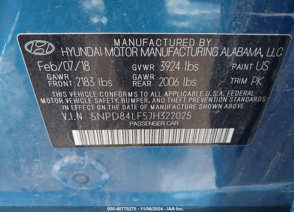 2018 HYUNDAI ELANTRA SEL VIN: 5NPD84LF5JH322025