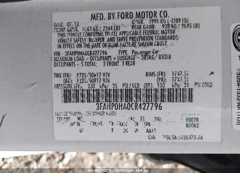 2012 FORD FUSION SE VIN: 3FAHP0HA0CR427796
