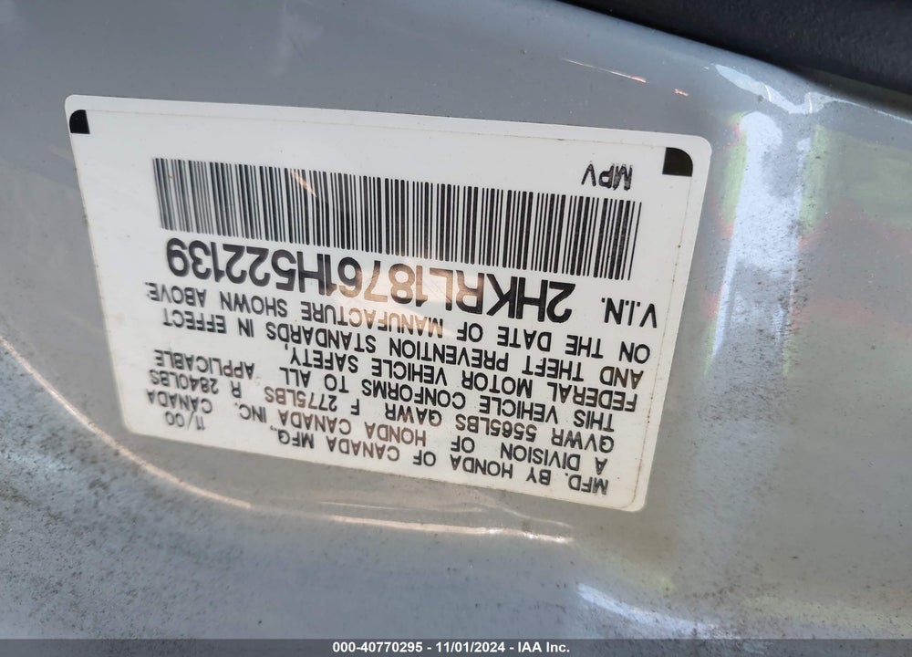 2001 HONDA ODYSSEY EX VIN: 2HKRL18761H522139