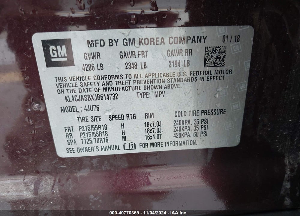 2018 BUICK ENCORE PREFERRED VIN: KL4CJASBXJB614732