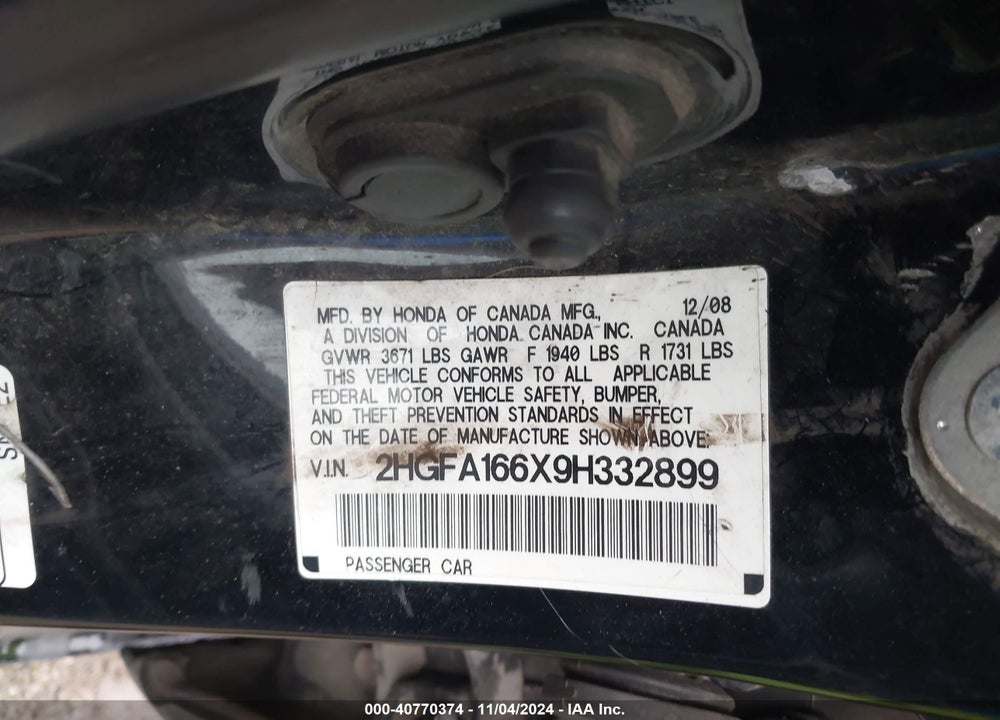 2009 HONDA CIVIC LX-S VIN: 2HGFA166X9H332899
