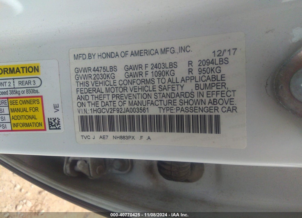 2018 HONDA ACCORD TOURING 2.0T VIN: 1HGCV2F92JA003561