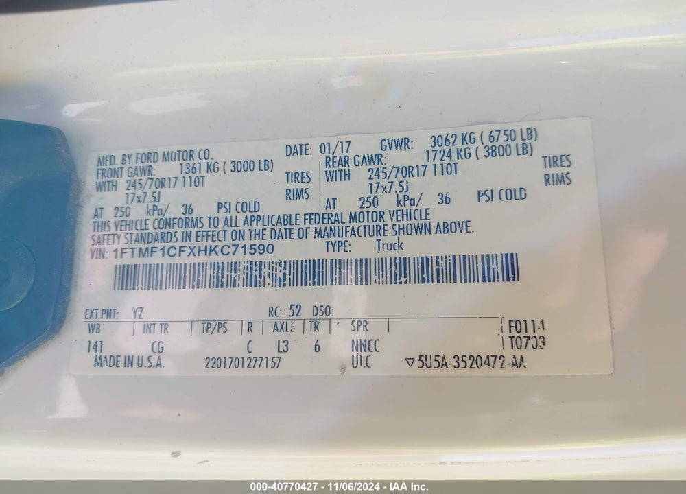 2017 FORD F-150 XL VIN: 1FTMF1CFXHKC71590