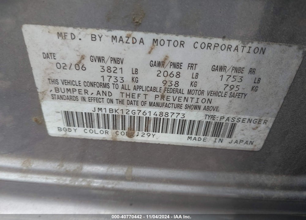 2006 MAZDA 3 I VIN: JM1BK12G761488773