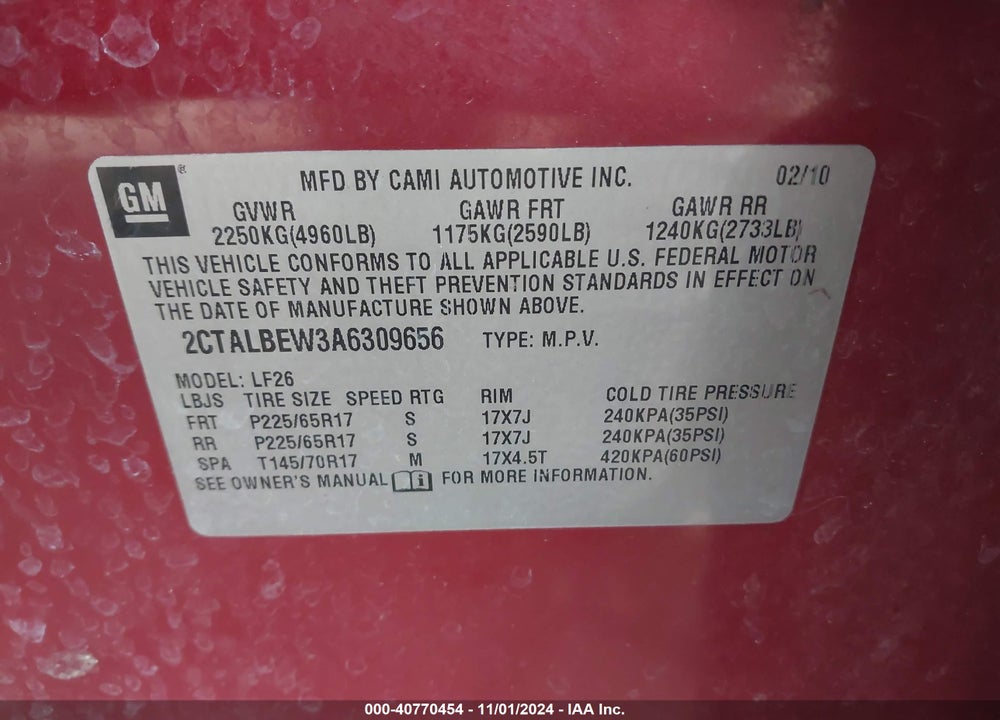 2010 GMC TERRAIN SLE-1 VIN: 2CTALBEW3A6309656