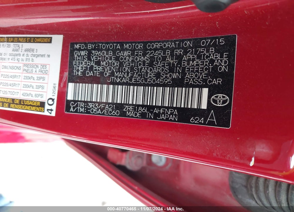 2016 SCION IM BASE (M6) VIN: JTNKARJE5GJ504595