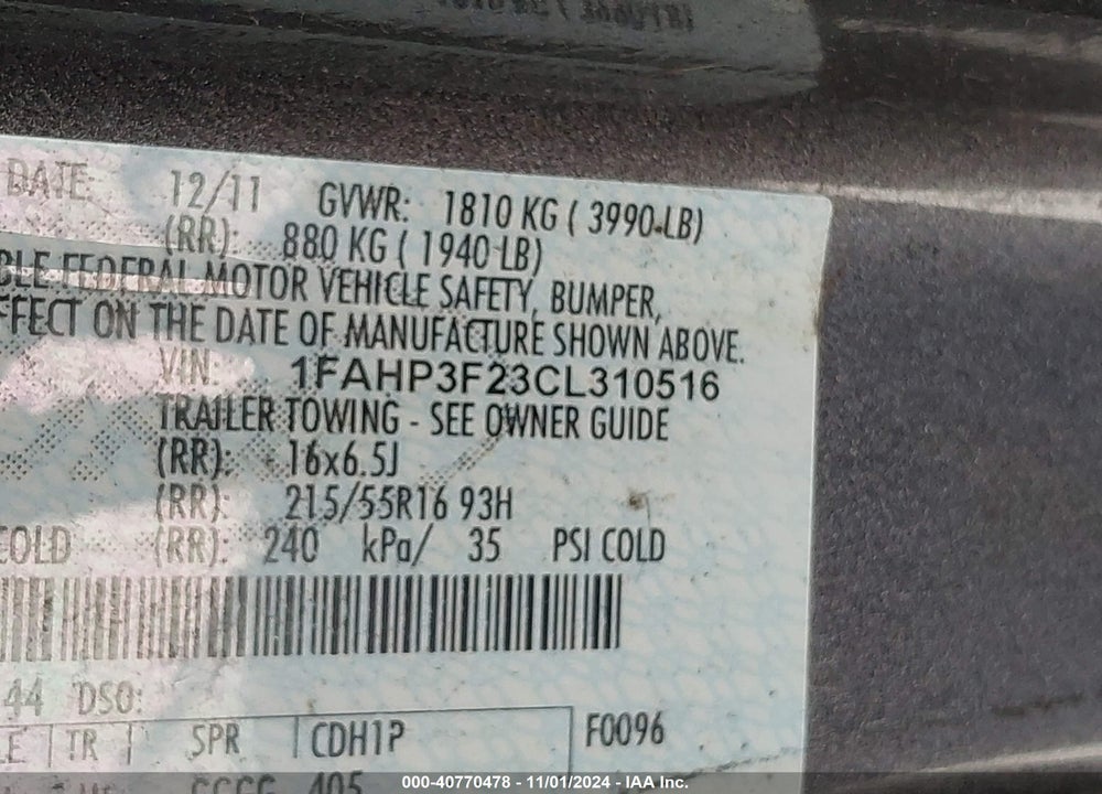 2012 FORD FOCUS SE VIN: 1FAHP3F23CL310516