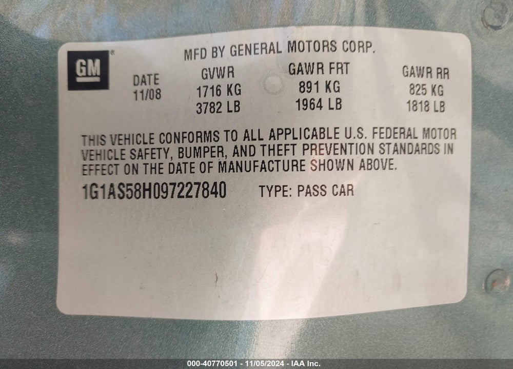 2009 CHEVROLET COBALT LS VIN: 1G1AS58H097227840