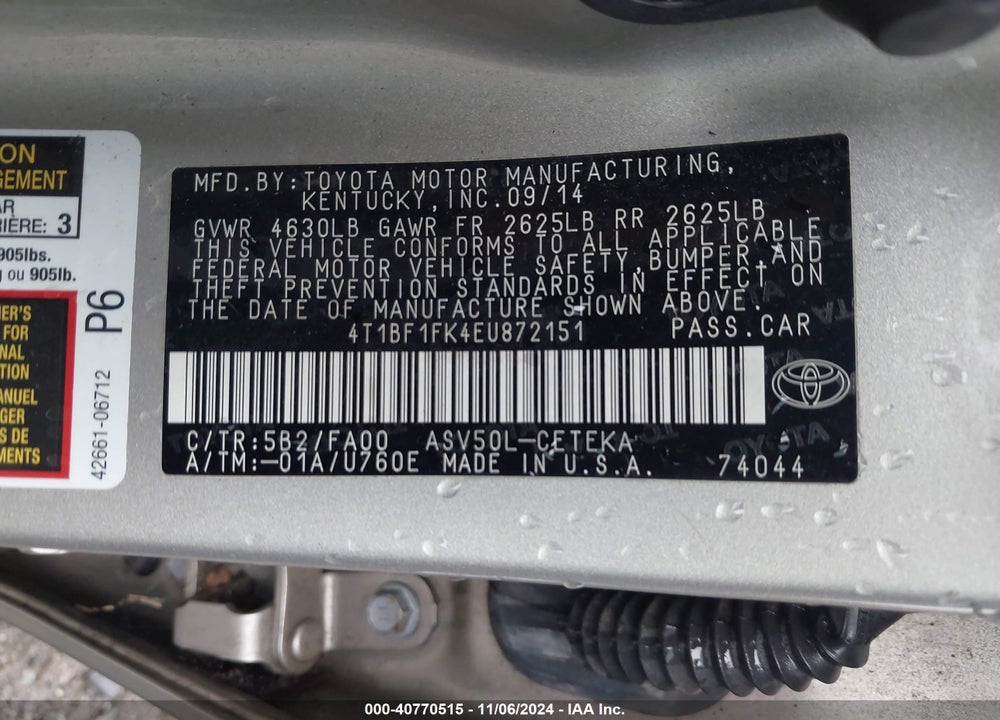 2014 TOYOTA CAMRY L VIN: 4T1BF1FK4EU872151