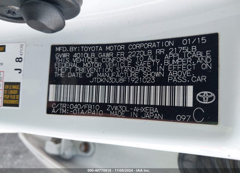 2015 TOYOTA PRIUS TWO VIN: JTDKN3DU8F1921023