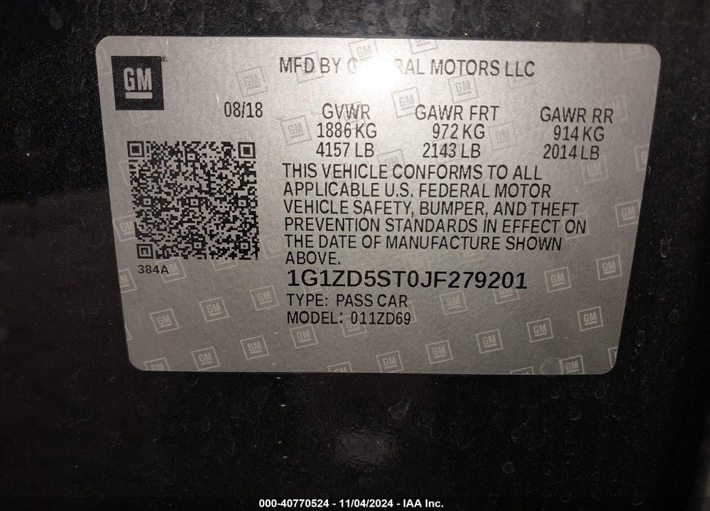 2018 CHEVROLET MALIBU LT VIN: 1G1ZD5ST0JF279201