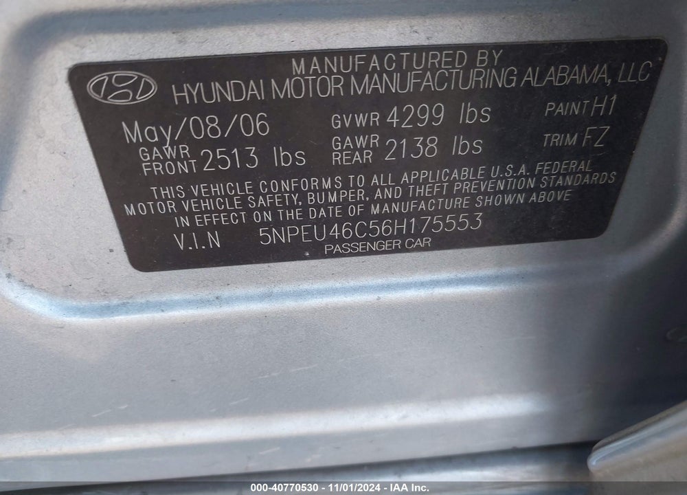 2006 HYUNDAI SONATA GLS VIN: 5NPEU46C56H175553