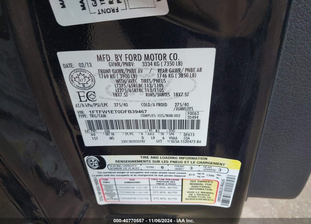 2013 FORD F-150 XLT VIN: 1FTFW1ET0DFB39467